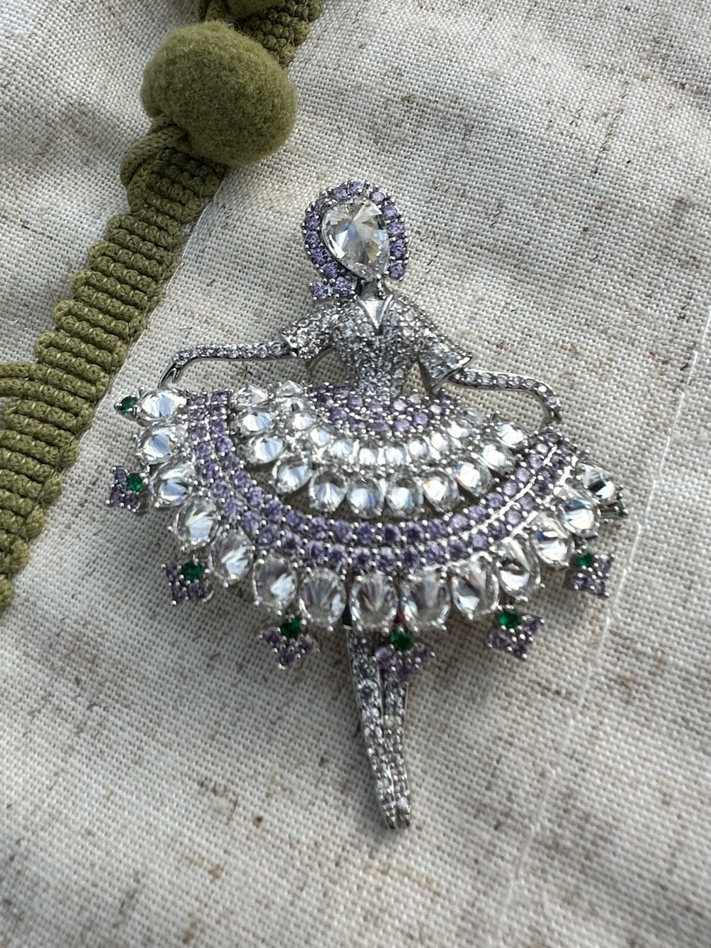Silver Tone Ballet Dancer Crystal Brooch with Purple and Green Accents